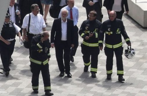Labour's Jeremy Corbyn spoke to firefighters and community leaders on a visit