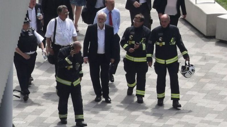 Labour's Jeremy Corbyn spoke to firefighters and community leaders on a visit