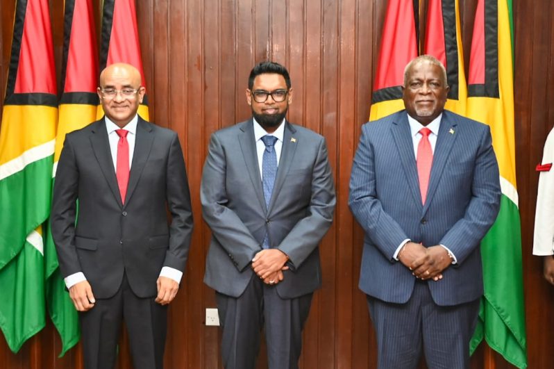 Vice President Dr. Bharrat Jagdeo, President Dr Irfaan Ali and Prime Minister Brigadier (Ret'd) Mark Phillips (Delano Williams photo)