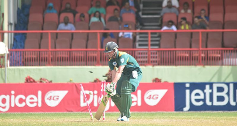 Skipper  AB de Villiers loses his off-stump to Nathan Coulter-Nile for 22. (Adrian Narine photos)