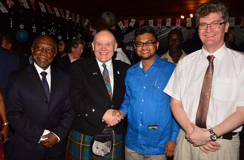 From left: Then acting Prime Minister, Carl Greenidge; Mayor of Aberdeen, Barney Crockett; Mayor of Georgetown, Ubraj Narine and British High Commissioner, Greg Quinn, during a visit to Guyana in 2019 (Adrian Narine photo)