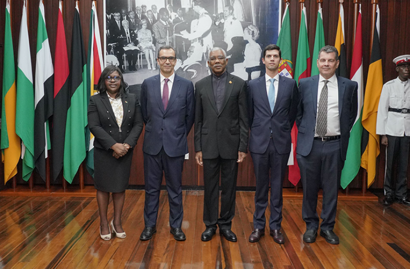 (From left): Minister of Foreign Affairs, Dr. Karen Cummings; Ambassador Carlos Amaro; President David Granger, and other officials at the Ministry of the Presidency, following the accreditation ceremony (MoTP photo)