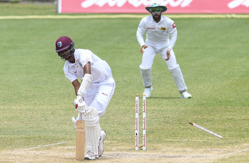 Roston Chase is bowled on the final day of the second Test between WINDIES and Sri Lanka on Monday, June 18, 2018 at the Daren Sammy Cricket Ground. © CWI Media/Randy Brooks of Brooks Latouche Photography