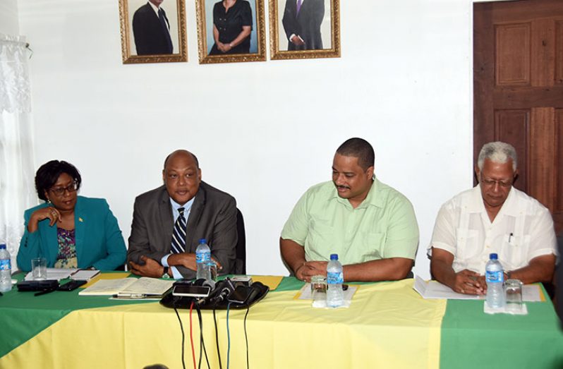 Leader of the Alliance for Change (AFC) Raphael Trotman (second left) along with Agriculture Minister Noel Holder (right), General Secretary Marlon Williams (second right) and Public Telecommunications Minister, Catherine Hughes (left). (Adrian Narine photo)