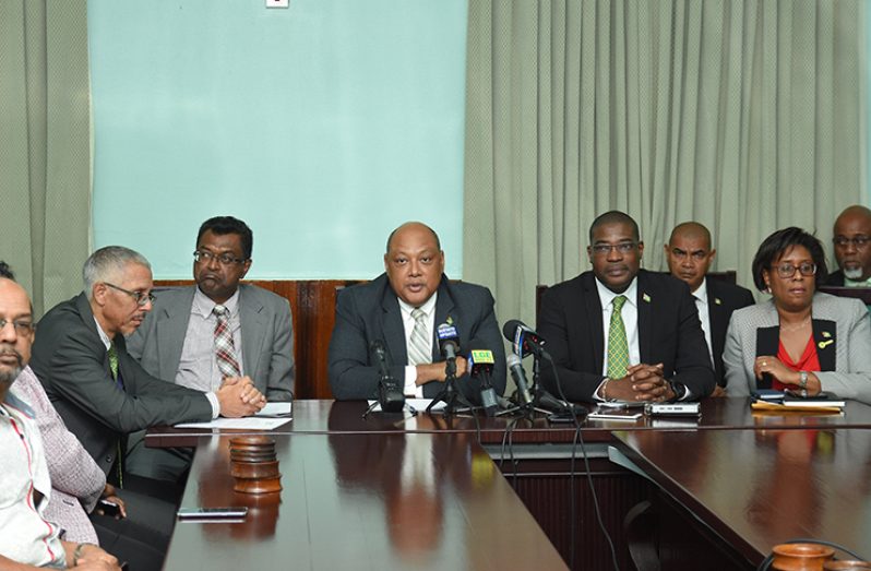 Senior members of the AFC at a press conference hosted at Parliament Buildings Wednesday. From left are Ministers of Business, Public Security, Natural Resources, Public Infrastructure and Public Telecommunications, Dominic Gaskin, Khemraj Ramjattan, Raphael Trotman, David Patterson and Cathy Hughes, respectively.