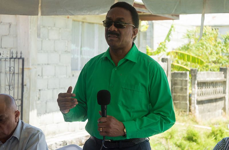 Attorney General and Minister of Legal Affairs, Basil Williams, addressing the resident of Bare Root, Bachelor’s Adventure (Delano Williams photo)