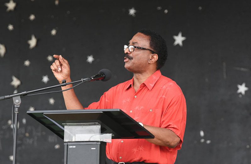 AG Basil Williams addressing workers at the Labour Day rally on Tuesday (Samuel Maughn photos)