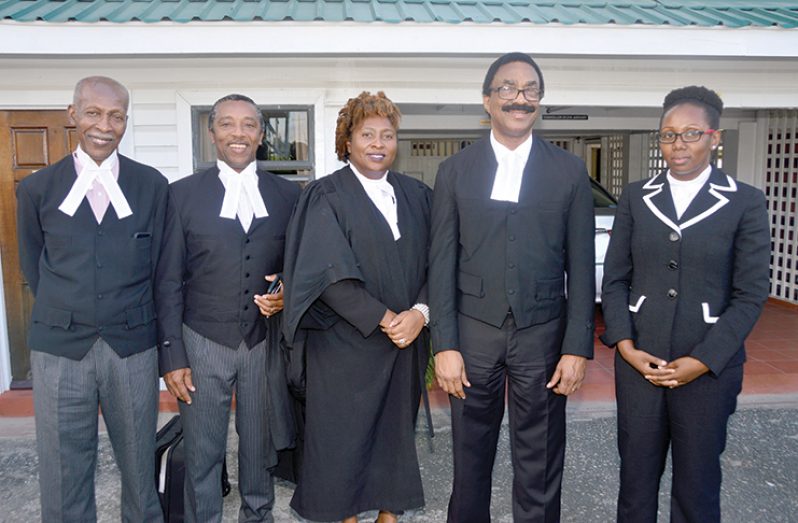 The team that represented the state in the matter. From L-R: Barbadian Queens Counsel Hal Gollop and Ralph Thorne; Solicitor General, Kim Kyte-Thomas, Attorney General and Minister of Legal Affairs, Basil Williams; Principal Legal Adviser Tiffany Castello