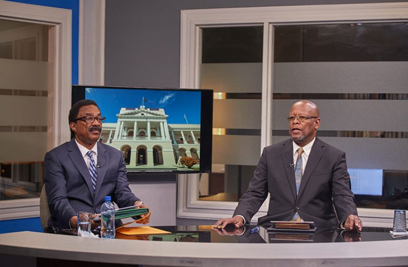 Attorney General and Legal Affairs Minister Basil Williams and veteran broadcaster Enrico Woolford during the live programme broadcast on NCN