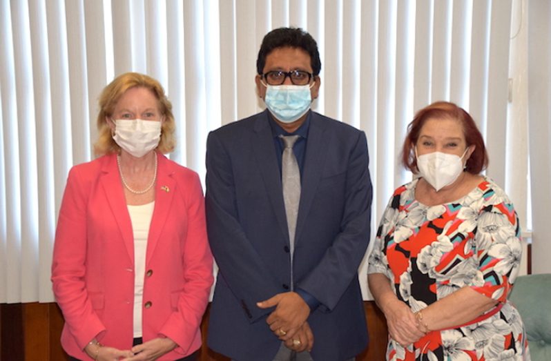 Attorney-General and Legal Affairs Minister, Anil Nandlall, flanked by US Ambassador Sarah-Ann and Governance Minister, Gail Teixeira, after discussions on Wednesday