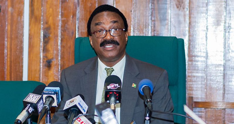 Attorney General and Legal Affairs Minister, Basil Williams addressing a pool of reporters at his Chambers on Tuesday