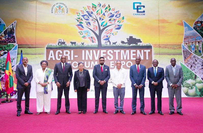 From left: Prime Minister of Antigua and Barbuda, the Hon. Gaston Browne; Prime Minister of Barbados, the Hon. Mia Mottley; Prime Minister of Dominica, the Hon. Roosevelt Skerrit; CARICOM Secretary-General, Dr. Carla Barnett; President of Guyana, H.E. Dr. Mohamed Irfaan Ali; Prime Minister of Belize and Chair of CARICOM, the Hon. John Briceno; Prime Minister of Trinidad and Tobago, Dr. the Hon. Keith Rowley; Deputy Prime Minister of The Bahamas, the Hon. Isaac Chester Cooper and Premier of Montserrat, the Hon Joseph Farrell. This picture was taken at the opening of last year’s Agri- Investment Forum and Expo which was held at the National Cultural Centre