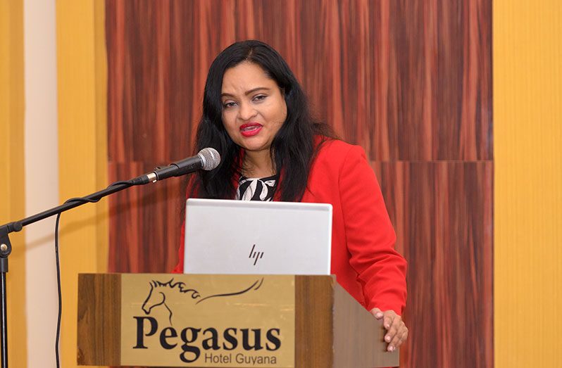 Minister of Human Services and Social Security, Dr Vindhya Persaud as she addresses the launch ceremony for the Accelerate-Her bootcamp (Delano Williams photo)