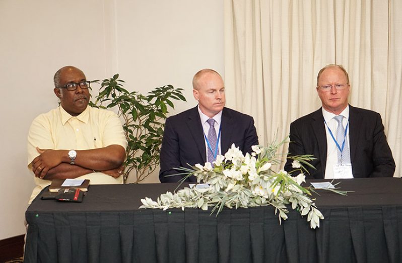 Seated from left at the launching of the Association of International Petroleum Negotiators (AIPN) in Guyana are: Guyana Geology and Mines Commission (GGMC) Commissioner, Dennison Newell; Director of AIPN and Commercial Manager Hess Corporation, Michael Beirne and Director of AIPN and Principal at Bloem Consultants LLC, Willem Bloem (Carl Croker photo)