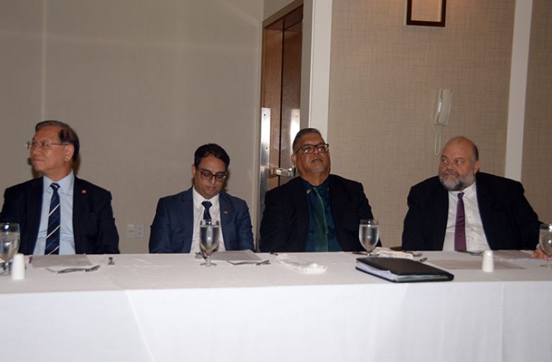 Members of the head table of the Corporate Governance Luncheon at the Marriott Hotel on Thursday. Seated from left are: immediate Past president of the ACCA, Leo Lee; President of the American Chamber of Commerce in Guyana (AMCHAM) Zulfikar Ally; Head of Business Development at Banks DIH, Ramesh Dookhoo and Senior Vice President of the Guyana Gold Fields Inc. and former United States (US) Ambassador to Guyana, Perry Holloway. (Adrian Narine photo)