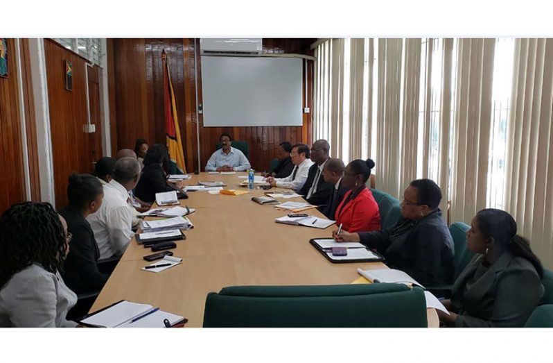 Attorney General and Minister of Legal Affairs Basil Williams (centre), chairs the first statutory meeting of the AML/CFT for 2019 in the presence of other representatives of the National Coordinating Committee