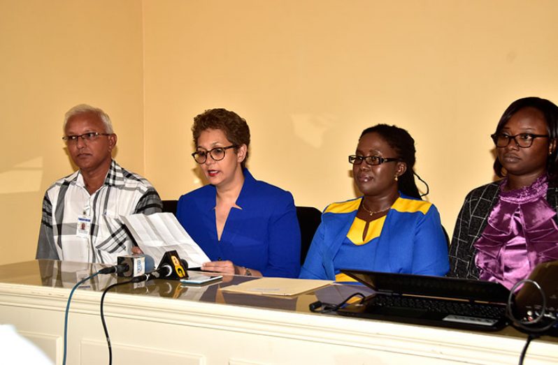 At the head table are Laboratory Quality Manager Gajendran, CEO Dr. Madhu Pandey-Singh, GNBS Director Candelle Walcott-Bostwick and Rodlyn Semple, during the press conference on Friday at the health facility.