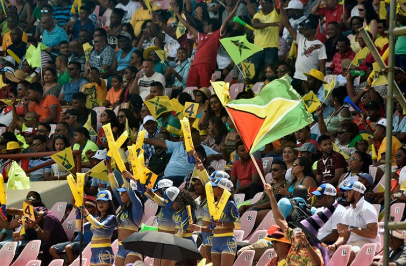 THERE was no shortage of entertainment yesterday as thousands of supporters of the Guyana Amazon Warriors turned out in their numbers to cheer on the local boys in the
crucial Caribbean Premier League cricket match against the Trinbago Knight Riders at the Providence Stadium, East Bank Demerara. However, it was another losing effort.
Above, a die-hard fan raises the Golden Arrowhead to the very end, hoping that his show of patriotism might trigger a rearguard effort by the home side. It didn’t happen.