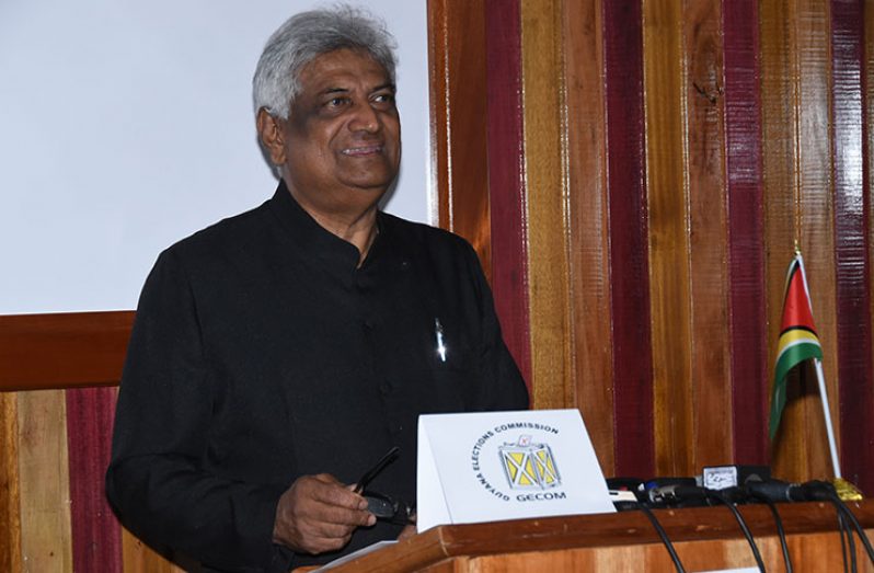 Outgoing Chairman of the Guyana Elections Commission (GECOM) Dr Steve Surujbally smiles during his last press briefing at the electoral body’s headquarters on High Street, Kingston on Monday.