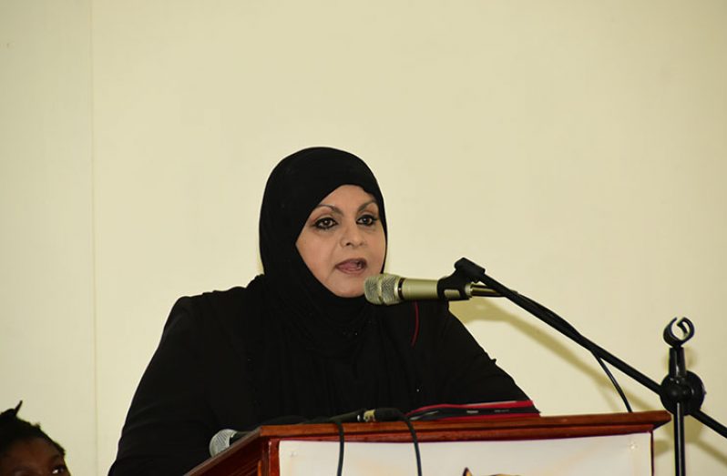 Chairman of the Rights of the Child Commission, Aleema Nasir, speaking at the launching of the Child Rights Alliance (Photo by Adrian Narine)
