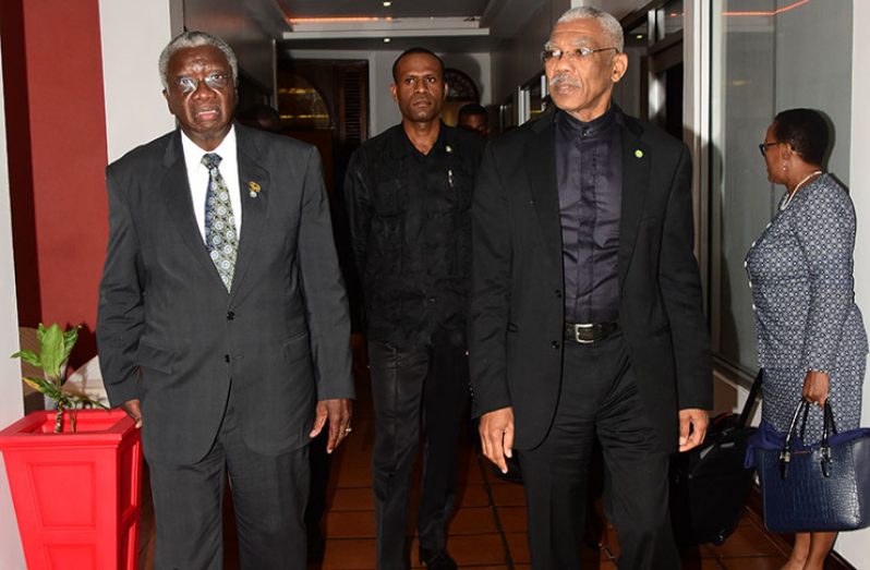 President Granger, (right) is accompanied by Barbados Prime Minister, Freundel Stuart, at the conclusion of Thursday evening‘s session at the Pegasus Hotel.