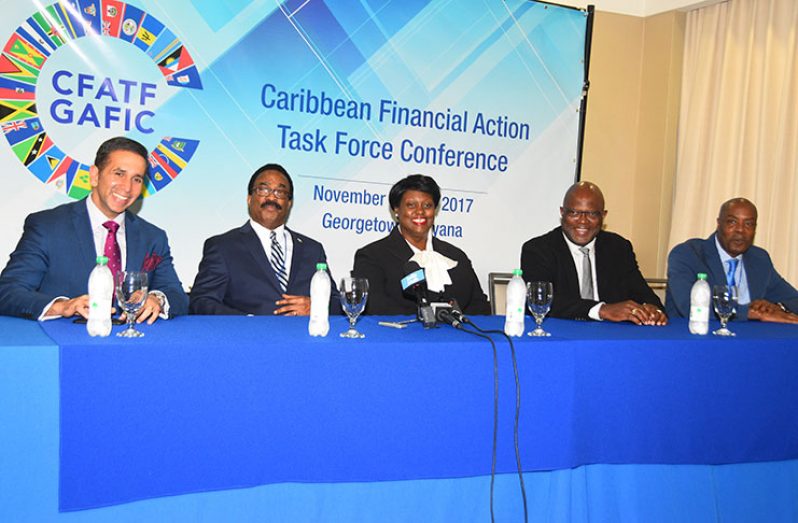 (From Left) AG of Trinidad and Tobago, Faris Al-Rawi; Attorney General (AG) of Guyana, Basil Williams, Chairperson of CFATF; Attorney General (AG) of the Turks and Caicos Islands, Rhondalee Brathwaite-Knowles, AG of Barbados, Adriel Brathwaite and Executive-Director of CFATF, Mr. Calvin Wilson