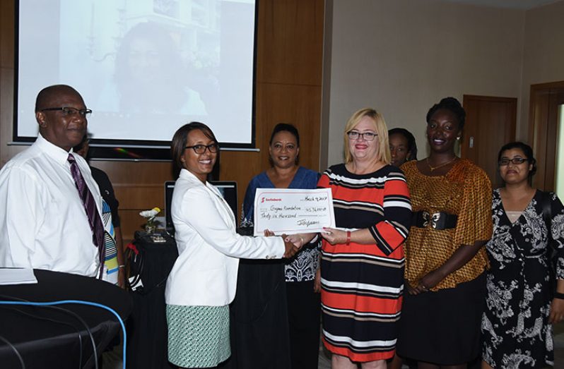 Scotia Bank’s Public Relations and Marketing Manager, Jennifer Cipriani, presents the cheque to GF Managing Director, Susan Isaacs.