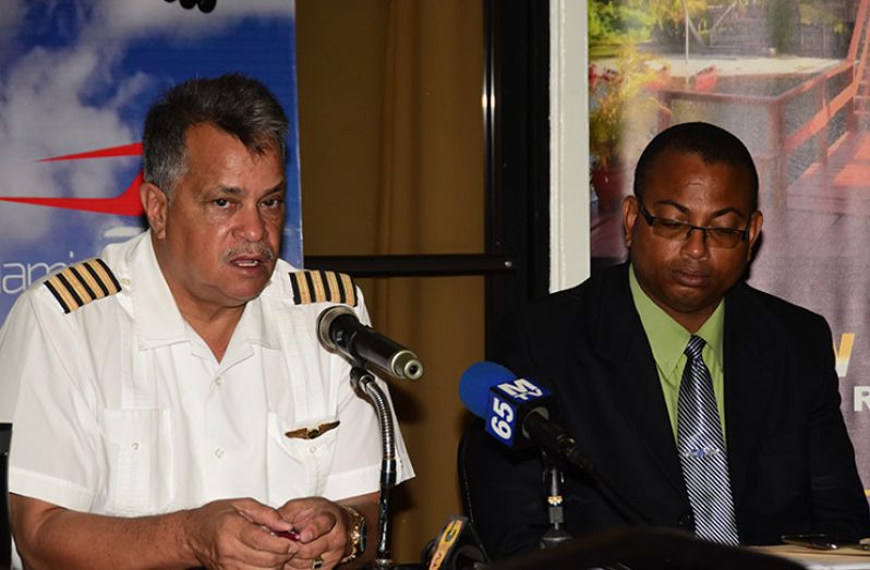 Roraima Airways CEO, Captain Gerald Gouveia and Operations Manager,Captain Leary Barclay, at the press conference on Thursday
