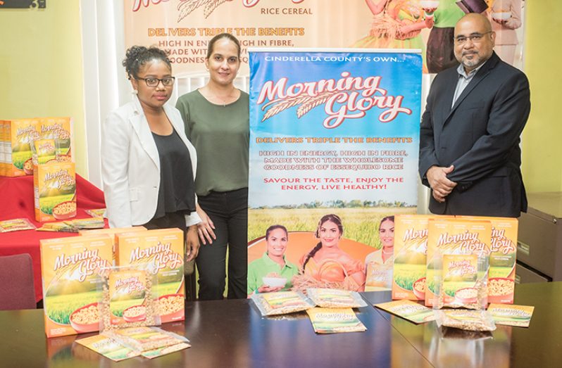 Dr Suresh Narine, Director IAST (right) Miss Anjeta Hinds, Manager AMTL–Food and Consumer Goods and Miss Tiffany Aaron, Brand Representative AMTL – Morning Glory