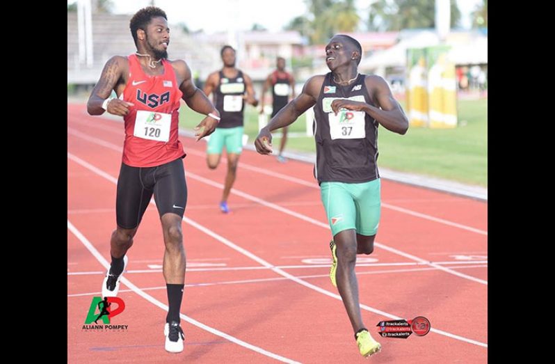 USA’s Brycen Spratlin and Guyana’s Winston George after winning the men’s 400m at the AP Invitational last year