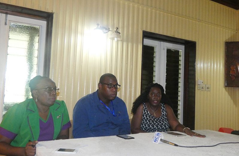 APNU Linden Campaign Manager Valerie Yearwood (right) addressing the media along with PNCR Region 10 Chairman Deron Adams and Secretary Denise Belgrave