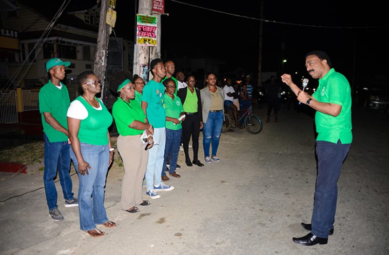 Attorney General and Minister of Legal Affairs, Basil Williams speaking to the APNU candidates for BV/Triumph. (Delano Williams Photo)