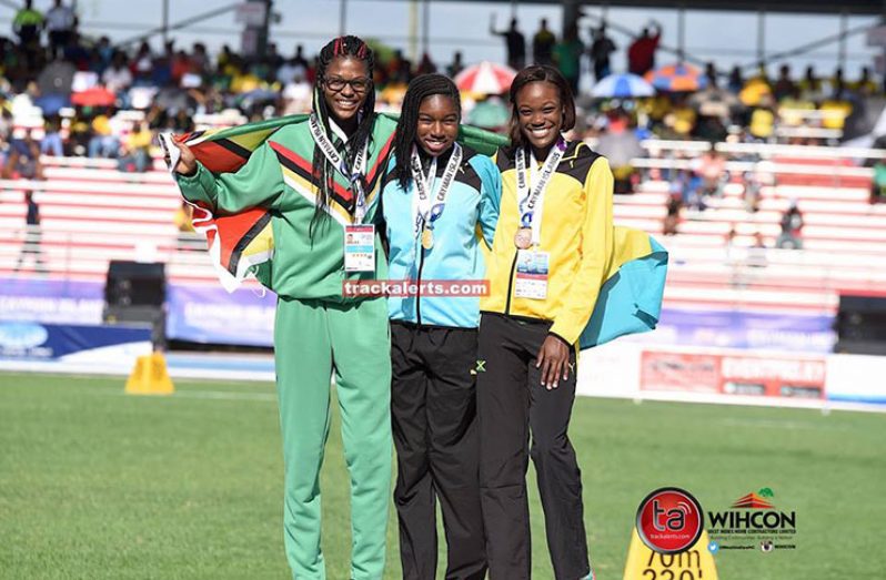 Guyana’s Joanna Archer (first from left) on the podium after finishing second in the Women’s 800 metres.