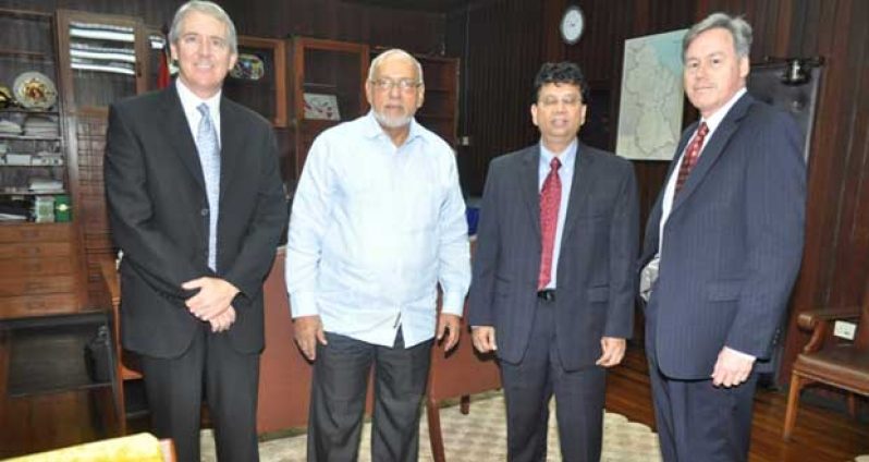 ATN’s President of International Operations, Paul Bowersock, President Donald Ramotar, GT&T’s Chief Executive Officer, Radha Krishna Sharma and ATN’s Vice President for Government and Regulatory Affairs Douglas Minster, yesterday. (GINA photo)