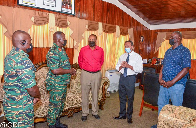 From  left:  Major Keith Watts responsible for sports, Brigadier Godfrey Bess, promter Aleem Hussain, Boxing Board president Peter Abdool and coach Terrence Poole during their courtesy visit, ahead of the April 23 'Road to Redemption' championship fight