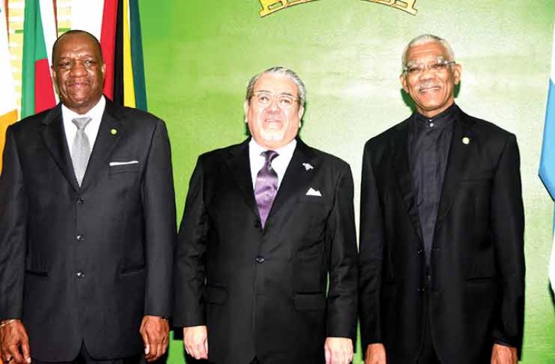 President David Granger and Argentine Ambassador to Guyana Felipe Alejandro Gardella greet each other and share a light moment following the accreditation ceremony at State House. Also in photo are Minister of State Joseph Harmon (left) and Director-General Ministry of Foreign Affairs Audrey Waddle (right). (Adrian Narine)