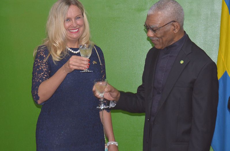 Ambassador Elizabeth Eklund shares a toast with President David Granger