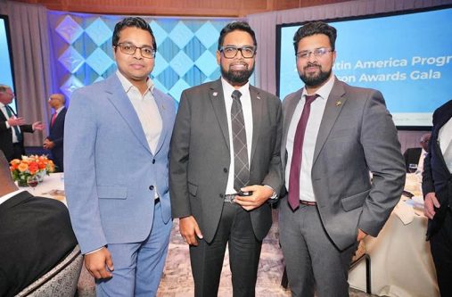 President Dr Irfaan Ali (centre) with Dr. Rosh Khan, President of ACE Consulting Group (left) and Wazim Mowla, the VP of ACE Consulting Group