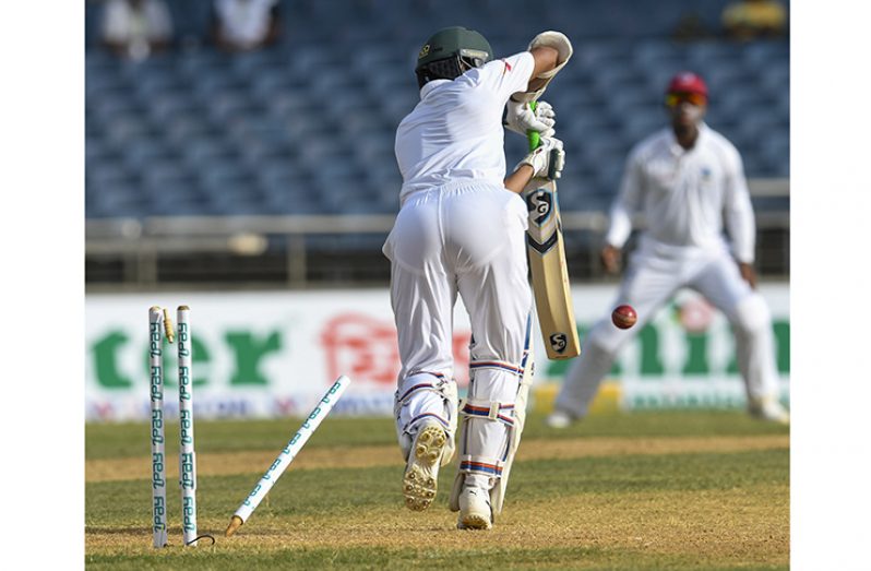 Shakib-Al-Hasan is bowled on the third day of the second iPay Test powered by Minister co-sponsored by Marcel between Windies and Bangladesh yesterday, at Sabina Park. (CWI Media/Randy Brooks of Brooks Latouche Photography)