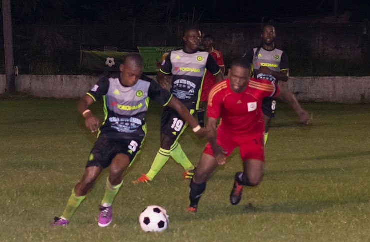 Part of Group A action between Mahaica Determinators in Monday evening’s Limacol Round-Robin Knock-Out football tournament at the GFC ground, Bourda. (Delano Williams)