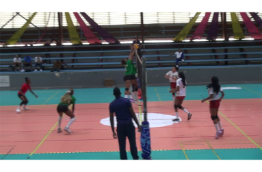 Part of the action on Sunday between Guyana and Suriname in the IGG volleyball competition.