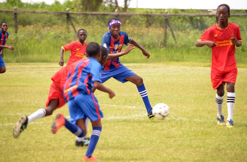 Action got off to a hot start at the 2019 edition of the ExxonMobil U-14 schools football tournament( Adrian Narine photo)