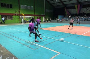 Action in the inaugural edition of the Bent Street ‘Champion of Champions’ Futsal Competition between Back Circle A (purple) and Bent Street B