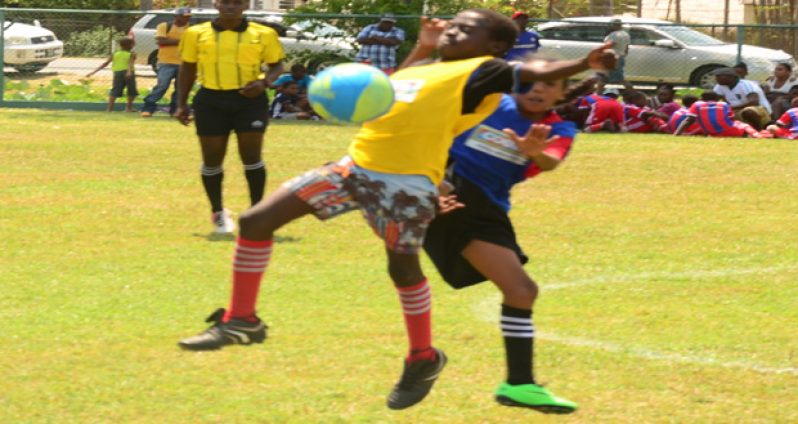 Part of the action during yesterday’s COURTS Pee Wee Football Tournament at the Banks DIH Thirst Park ground. (Adrian Narine photo)