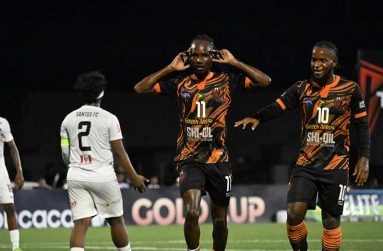 Part of the action in the Slingerz FC, Santos clash.