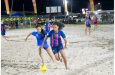 These players from Hururu (left) and Avacado Ballers battle for the ball on the opening night.