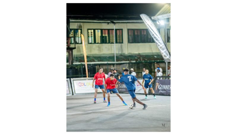 Action in Bartica’s Guinness In The Streets football on Friday night.
