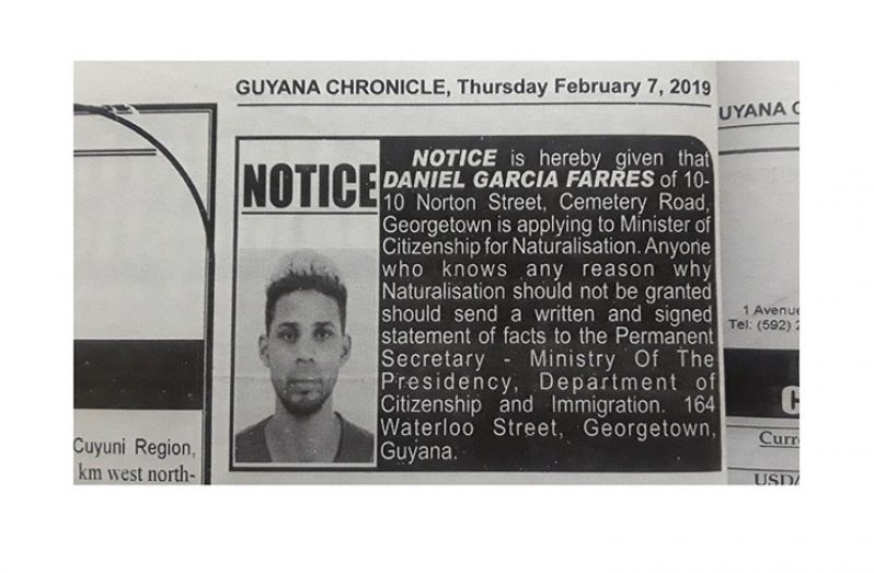One of the two two naturalisation notices which were published in February. The photograph of the individual seen in this ad was incorrectly published two days earlier next to the particulars of another individual.