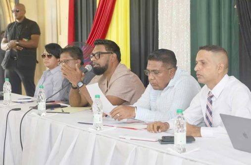 President Irfaan Ali, flanked by Cabinet Ministers, called on private cane farmers in the Skeldon area to increase agricultural output and fully utilise their land, stressing that government investments in drainage, irrigation, and infrastructure must be reflected in measurable production gains