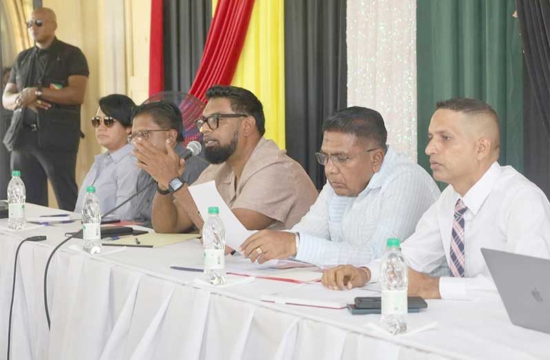 President Irfaan Ali, flanked by Cabinet Ministers, called on private cane farmers in the Skeldon area to increase agricultural output and fully utilise their land, stressing that government investments in drainage, irrigation, and infrastructure must be reflected in measurable production gains